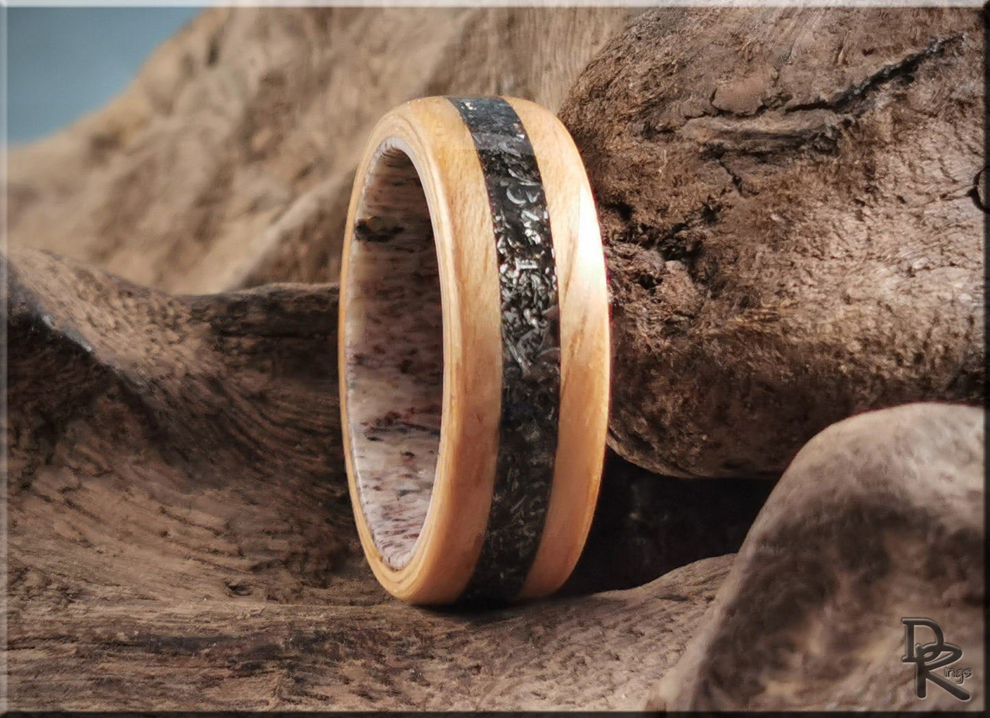 Bentwood Ring - Hickory w/Glorieta Mountain Meteorite inlay on Deer Antler ring core - wood ring