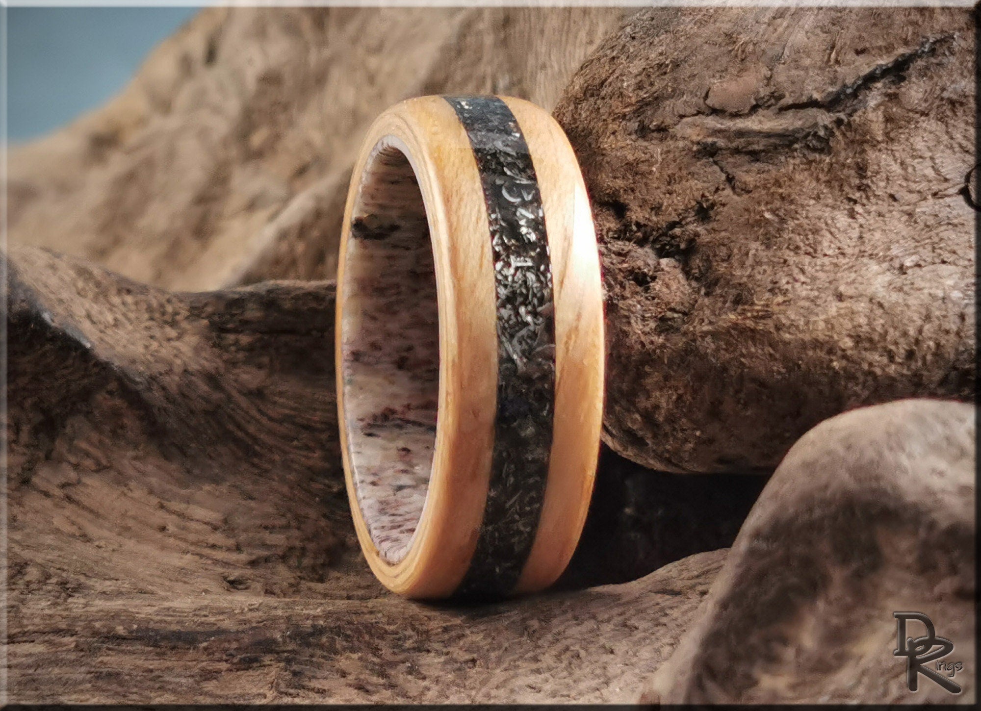 Bentwood Ring - Hickory w/Glorieta Mountain Meteorite inlay on Deer Antler ring core - wood ring