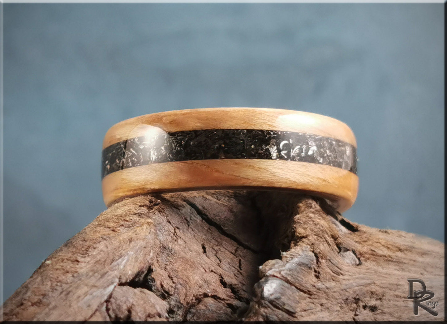 Bentwood Ring - Hickory w/Glorieta Mountain Meteorite inlay on Deer Antler ring core - wood ring