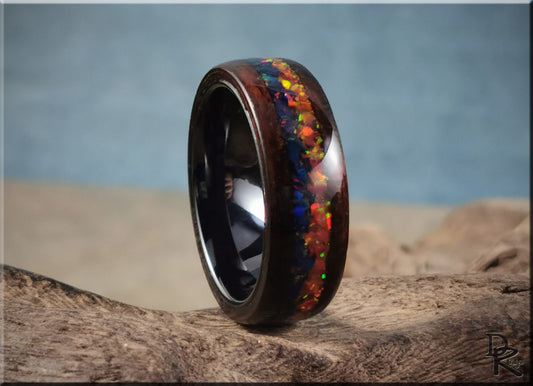 Bentwood Ring 'Indigo Sunset' - Smoked Etimoe w/Dual Opal inlay, on polished black ceramic ring core - wood ring