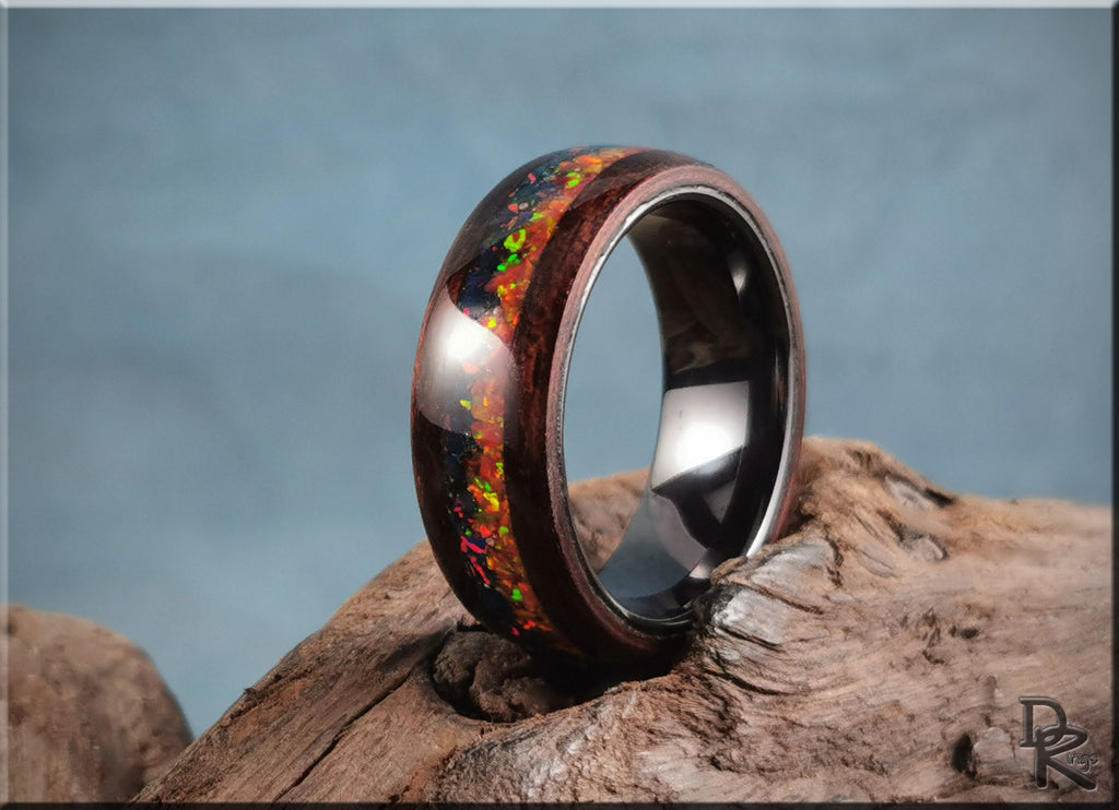 Bentwood Ring 'Indigo Sunset' - Smoked Etimoe w/Dual Opal inlay, on polished black ceramic ring core - wood ring