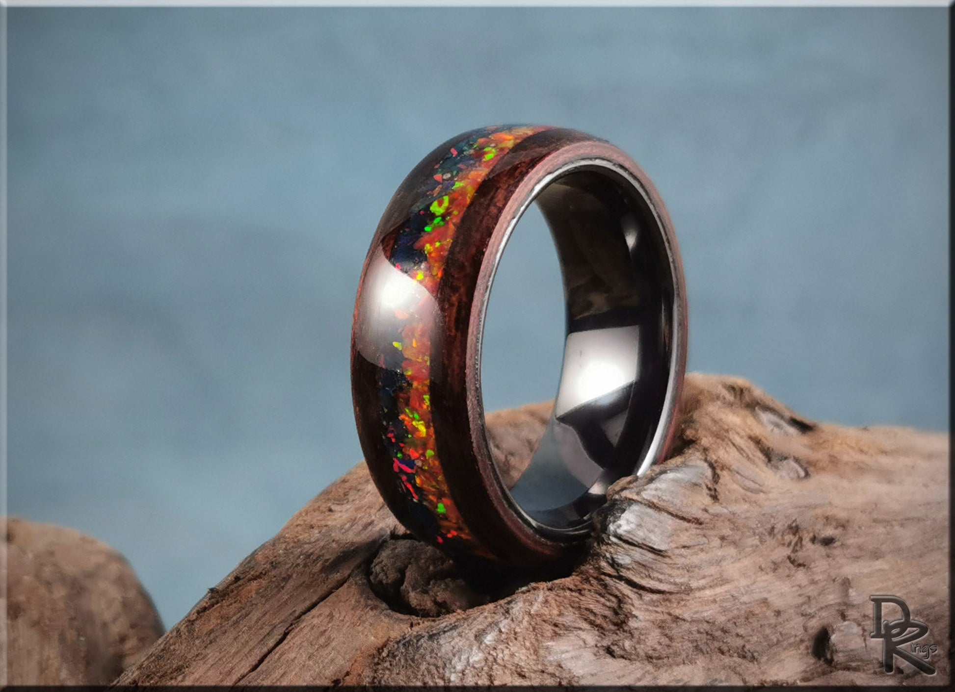 Bentwood Ring 'Indigo Sunset' - Smoked Etimoe w/Dual Opal inlay, on polished black ceramic ring core - wood ring