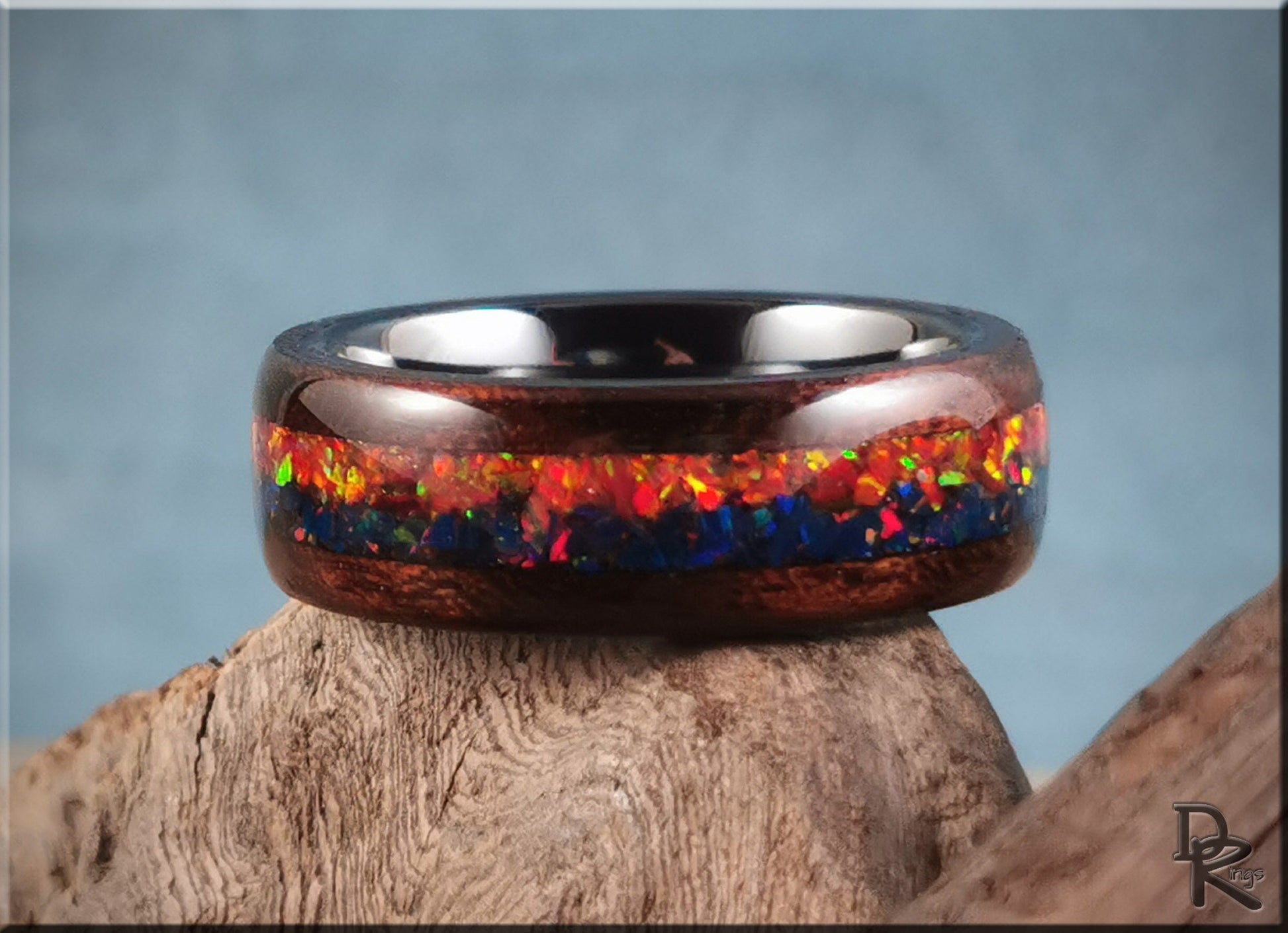 Bentwood Ring 'Indigo Sunset' - Smoked Etimoe w/Dual Opal inlay, on polished black ceramic ring core - wood ring