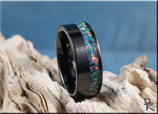 Black Ceramic 8mm Offset Channel Ring w/Opal inlay - ceramic ring