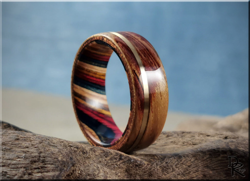 Bentwood Ring - Tiger Etimoe w/offset Bronze inlay on multi-colour wood ring core - wood ring