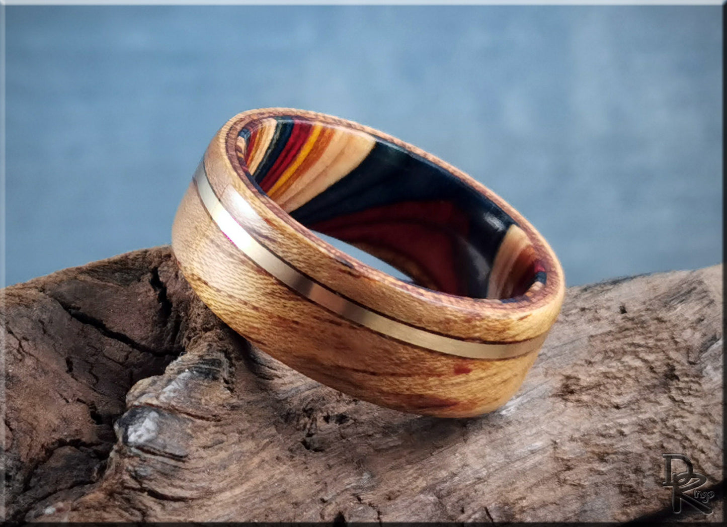 Bentwood Ring - Tiger Etimoe w/offset Bronze inlay on multi-colour wood ring core - wood ring