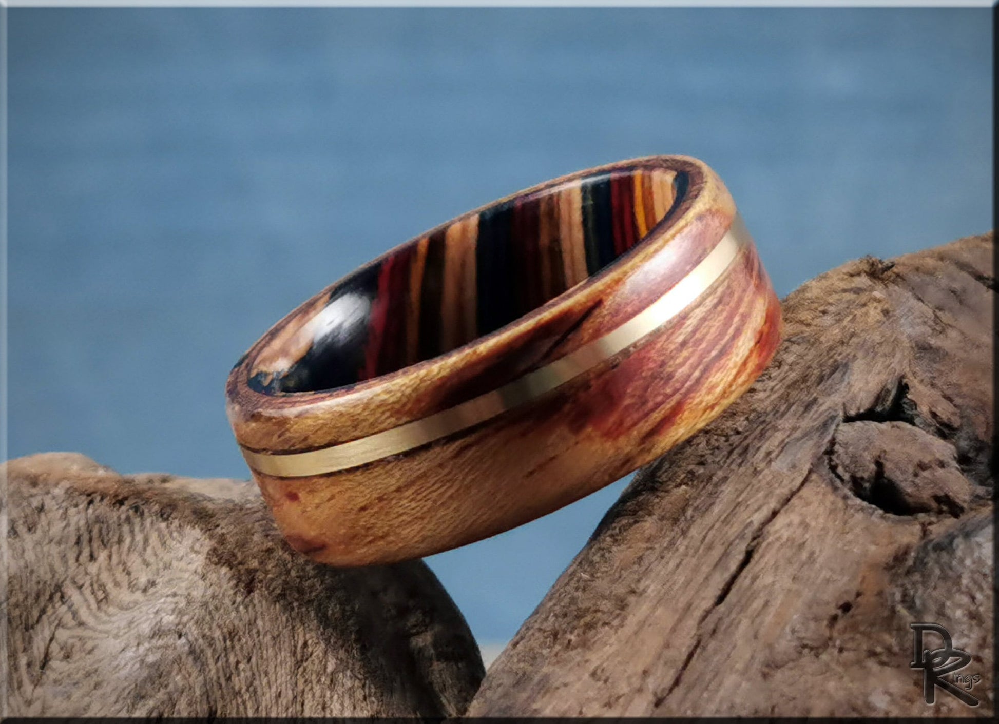 Bentwood Ring - Tiger Etimoe w/offset Bronze inlay on multi-colour wood ring core - wood ring