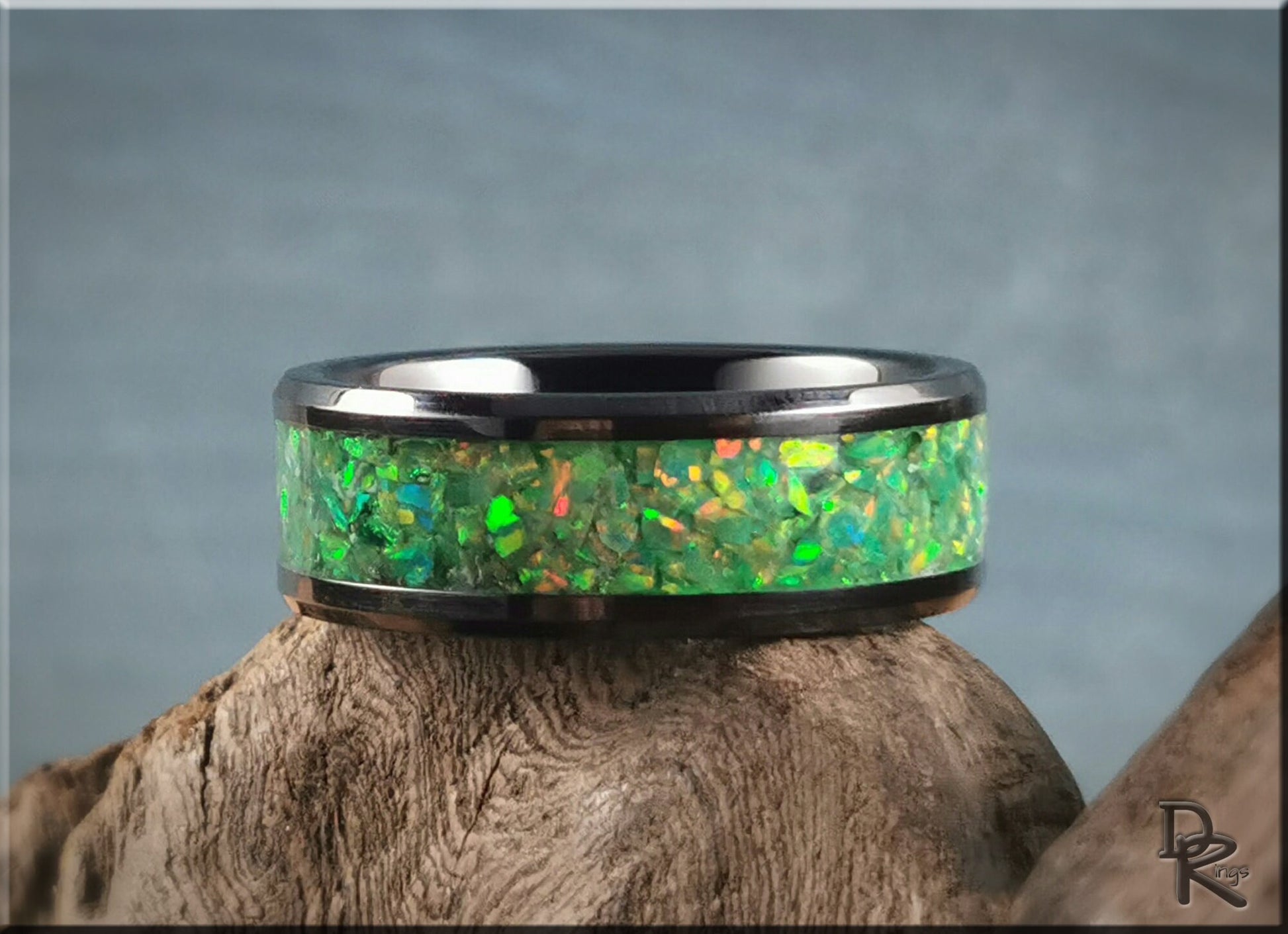 Black Ceramic Channel Ring w/Opal and Glow inlay - ceramic ring