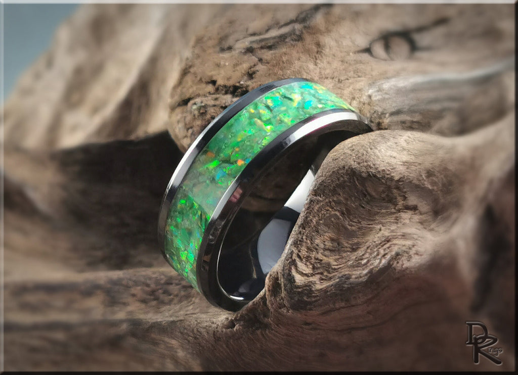 Black Ceramic Channel Ring w/Opal and Glow inlay - ceramic ring