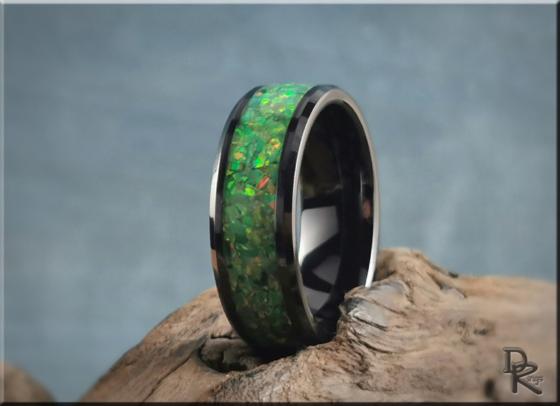 Black Ceramic Channel Ring w/Opal and Glow inlay - ceramic ring