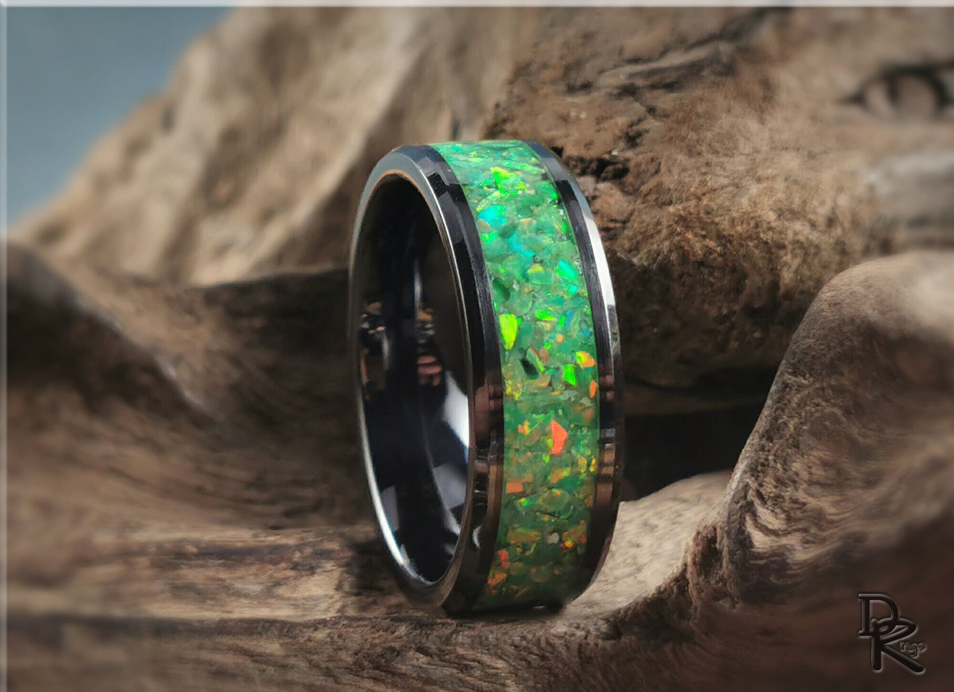 Black Ceramic Channel Ring w/Opal and Glow inlay - ceramic ring