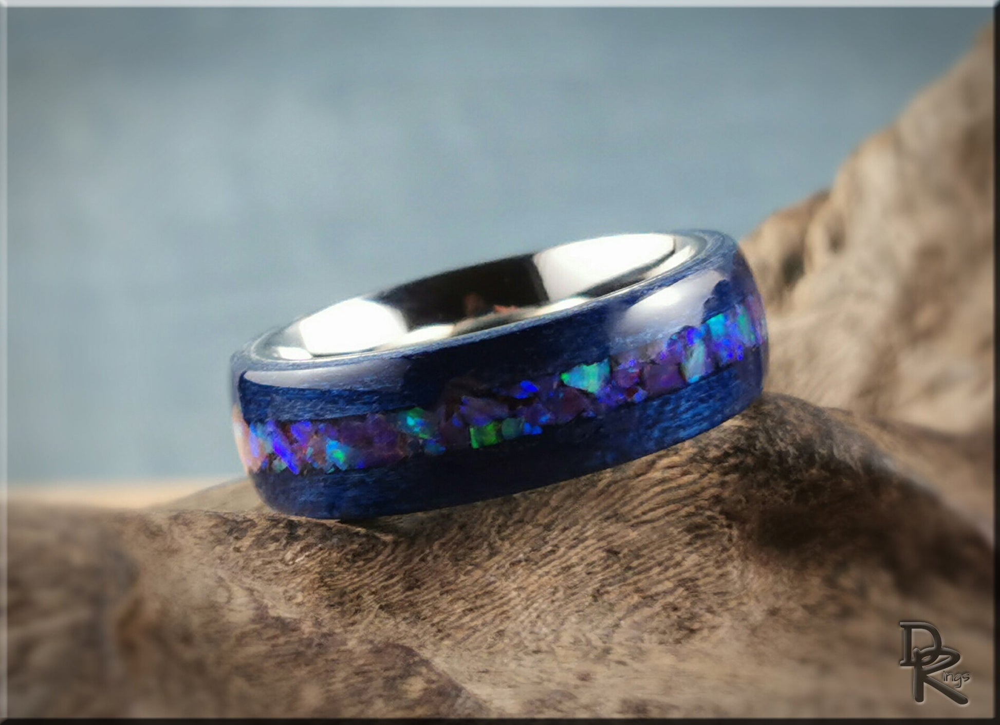 Bentwood Ring - Midnight Blue Tulipwood w/Galaxy Purple plus Multi-Green Opal inlay, on titanium ring core - wood ring