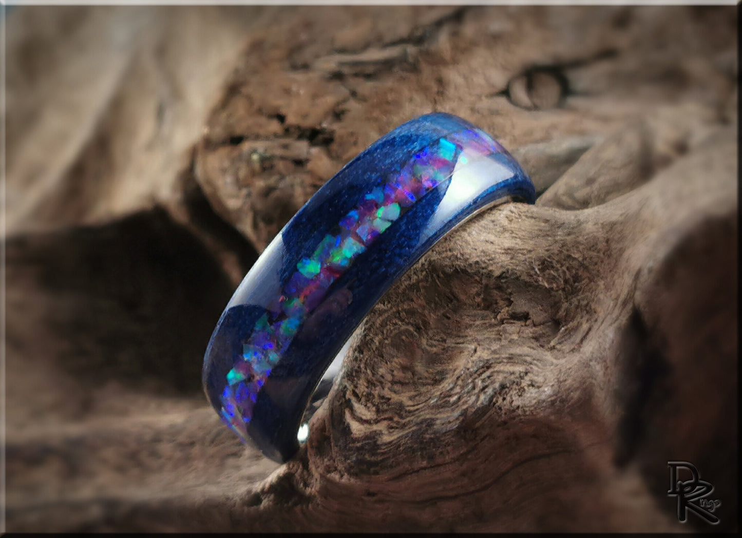 Bentwood Ring - Midnight Blue Tulipwood w/Galaxy Purple plus Multi-Green Opal inlay, on titanium ring core - wood ring