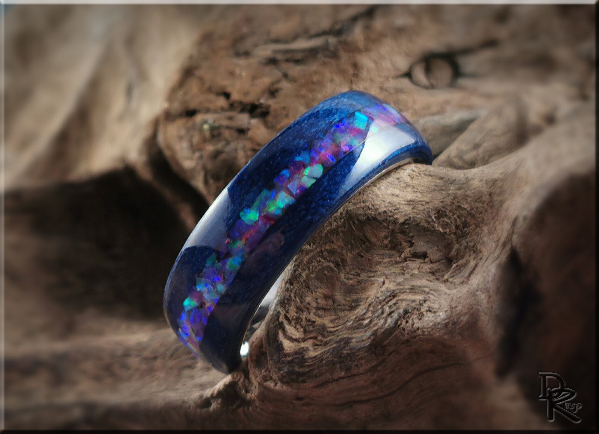 Bentwood Ring - Midnight Blue Tulipwood w/Galaxy Purple plus Multi-Green Opal inlay, on titanium ring core - wood ring