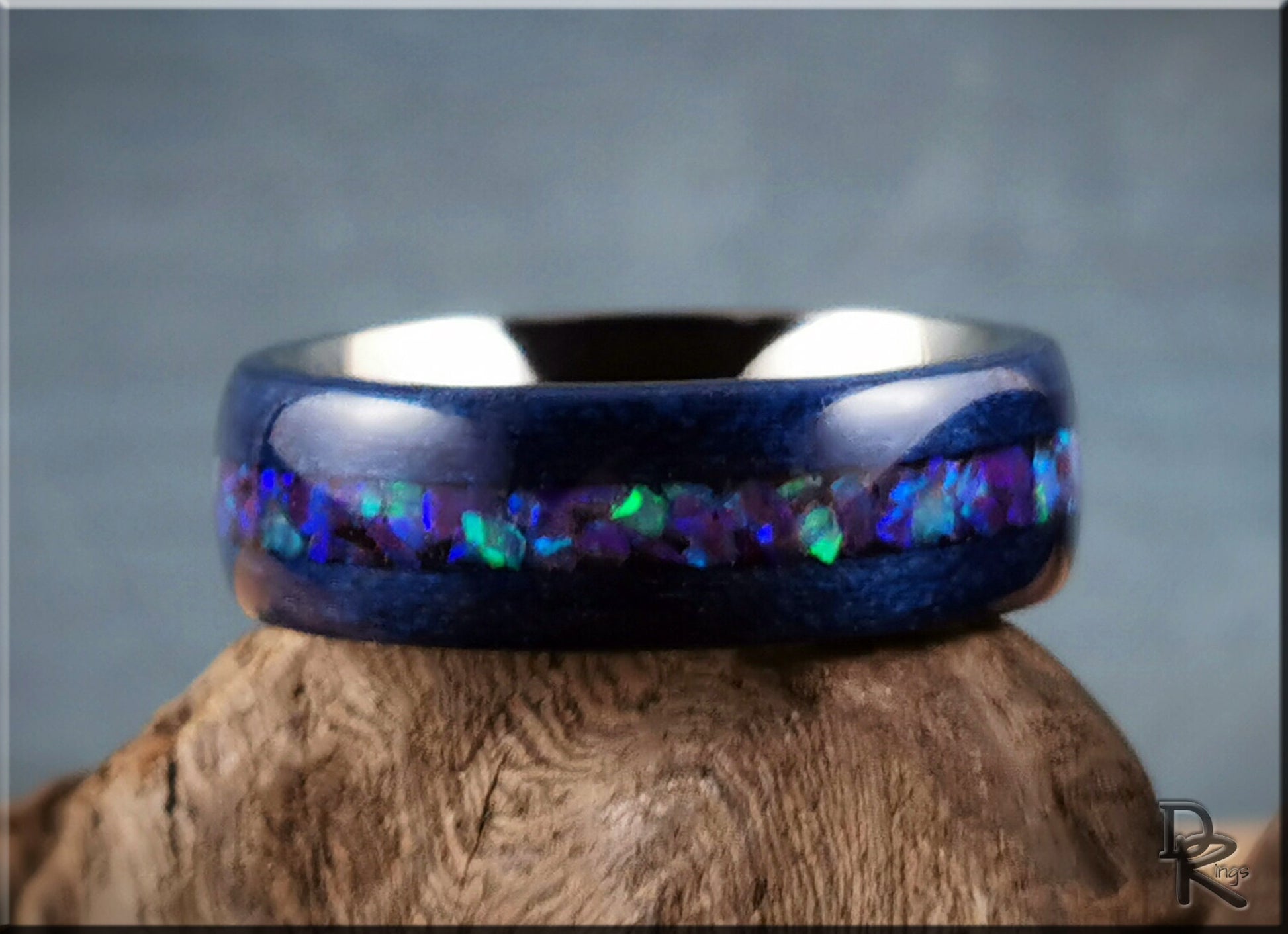Bentwood Ring - Midnight Blue Tulipwood w/Galaxy Purple plus Multi-Green Opal inlay, on titanium ring core - wood ring