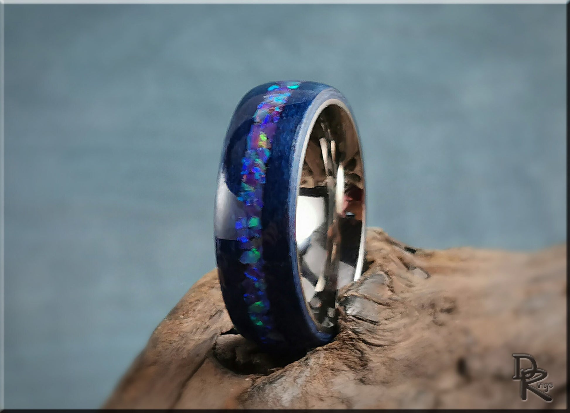 Bentwood Ring - Midnight Blue Tulipwood w/Galaxy Purple plus Multi-Green Opal inlay, on titanium ring core - wood ring