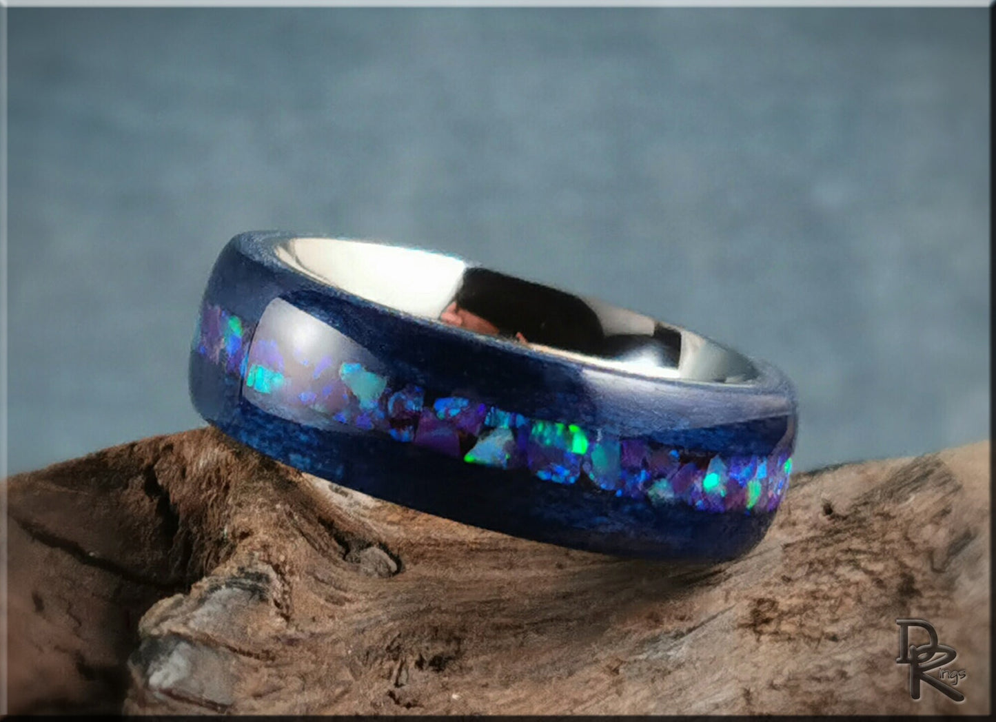 Bentwood Ring - Midnight Blue Tulipwood w/Galaxy Purple plus Multi-Green Opal inlay, on titanium ring core - wood ring