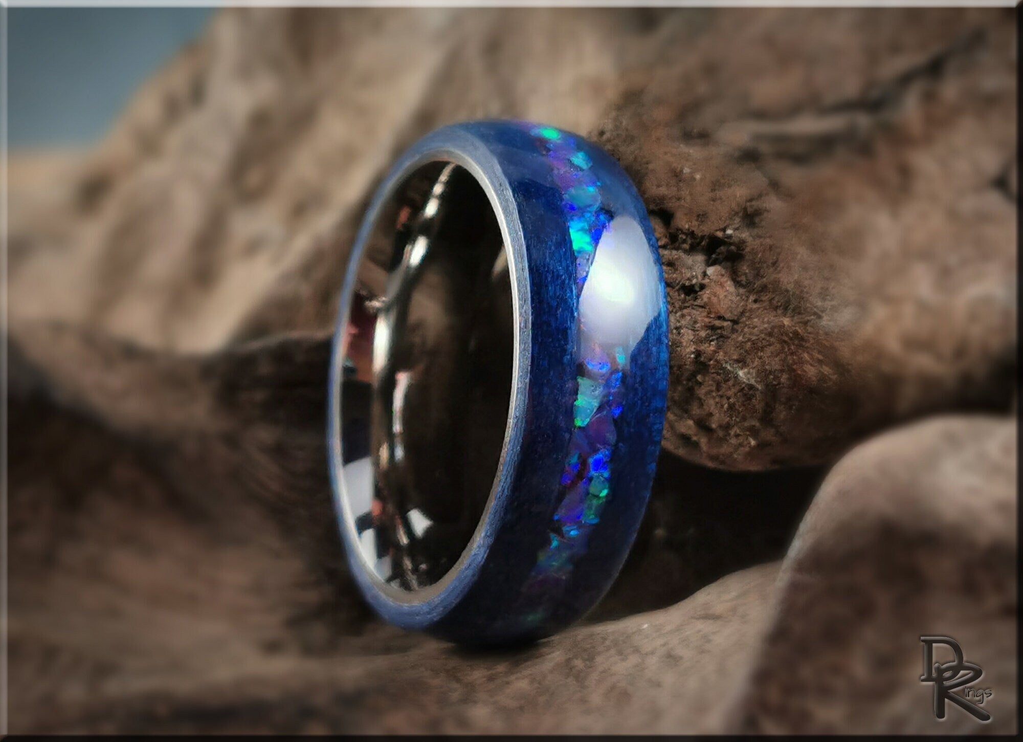 Bentwood Ring - Midnight Blue Tulipwood w/Galaxy Purple plus Multi-Green Opal inlay, on titanium ring core - wood ring