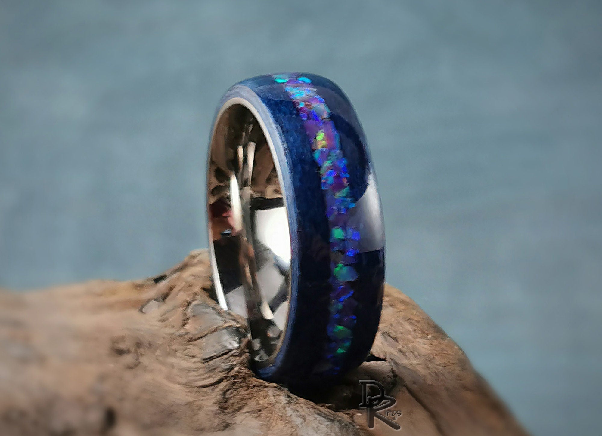 Bentwood Ring - Midnight Blue Tulipwood w/Galaxy Purple plus Multi-Green Opal inlay, on titanium ring core - wood ring