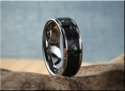 Tungsten Carbide Channel Ring w/Black Marble stone inlay - metal ring