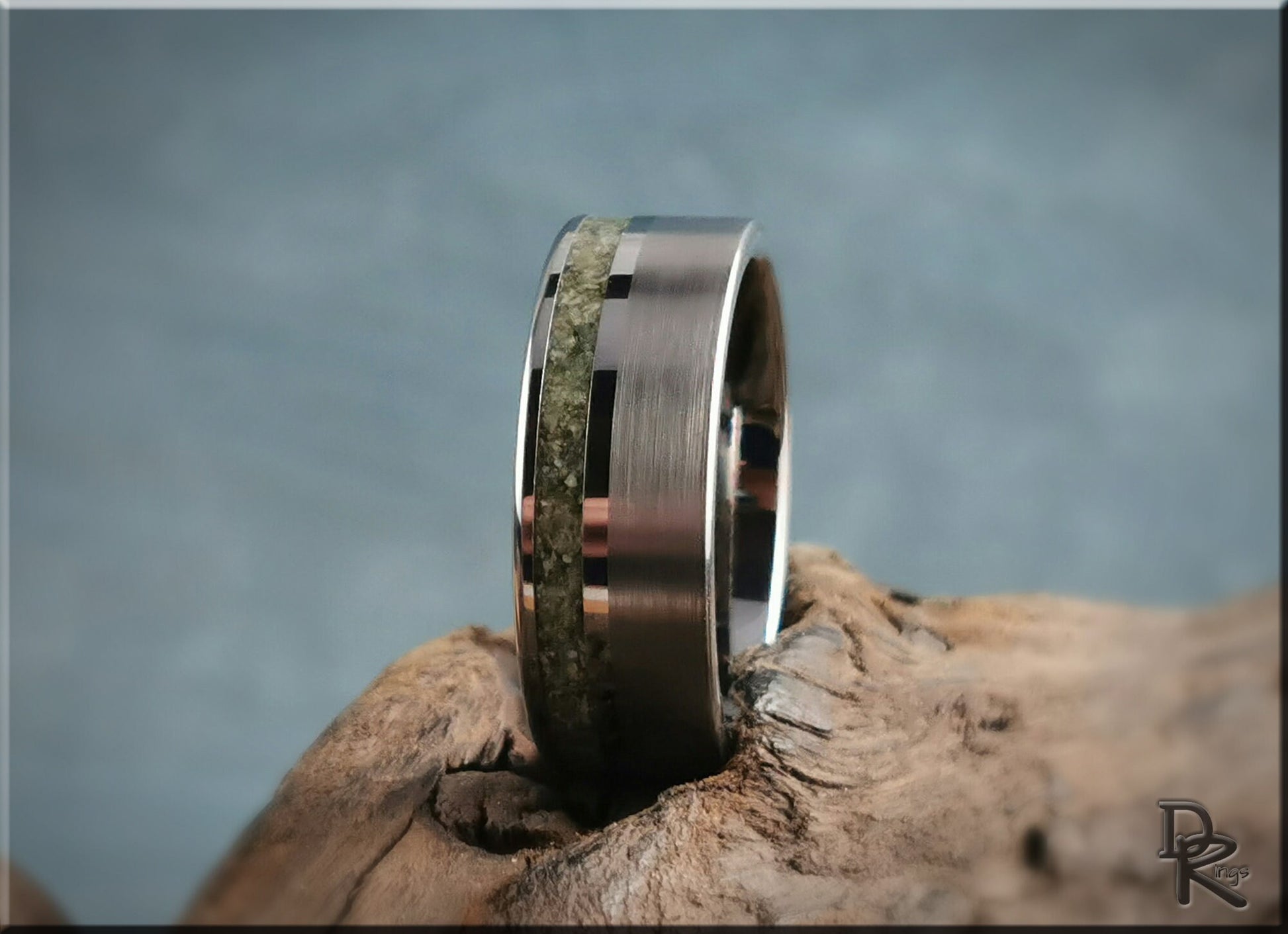 Tungsten Carbide Channel Ring w/offset Nephrite Jade Stone inlay - metal ring