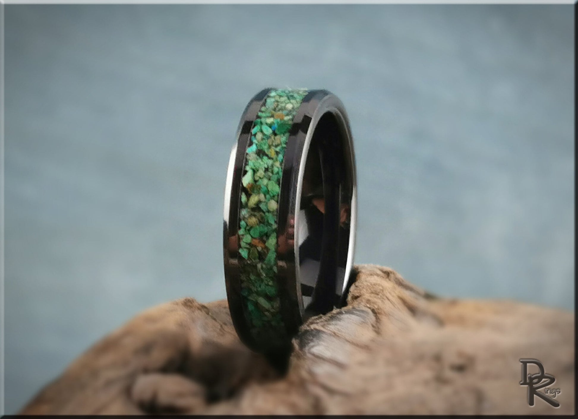 Polished Black Ceramic Channel Ring w/Chrysocolla stone inlay - ceramic ring