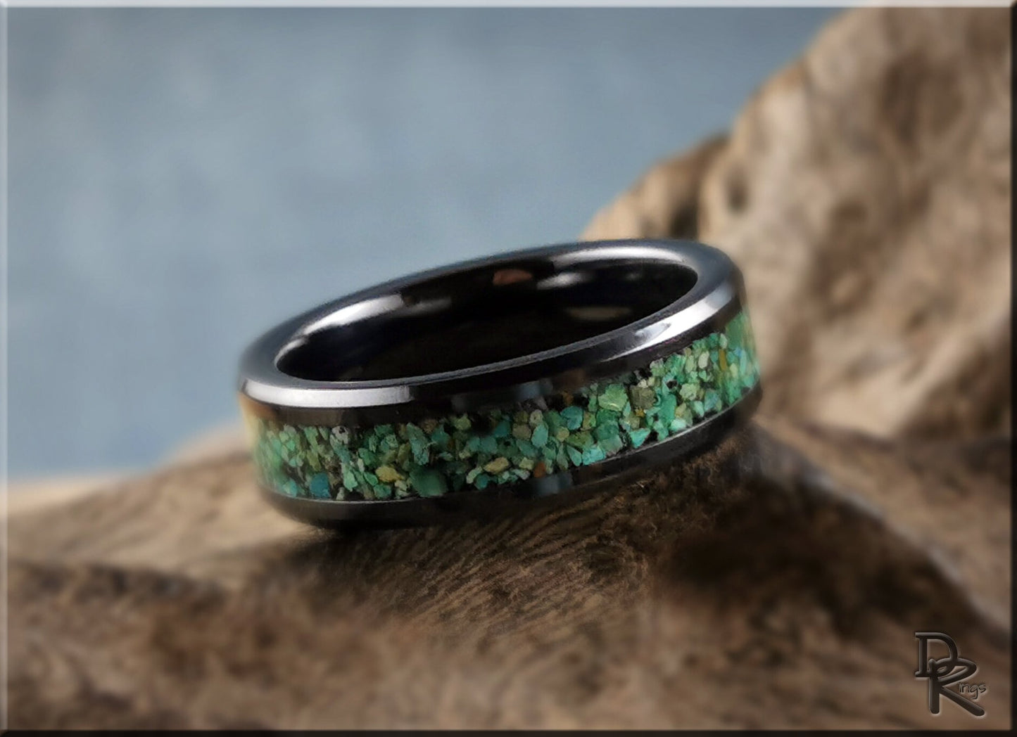 Polished Black Ceramic Channel Ring w/Chrysocolla stone inlay - ceramic ring