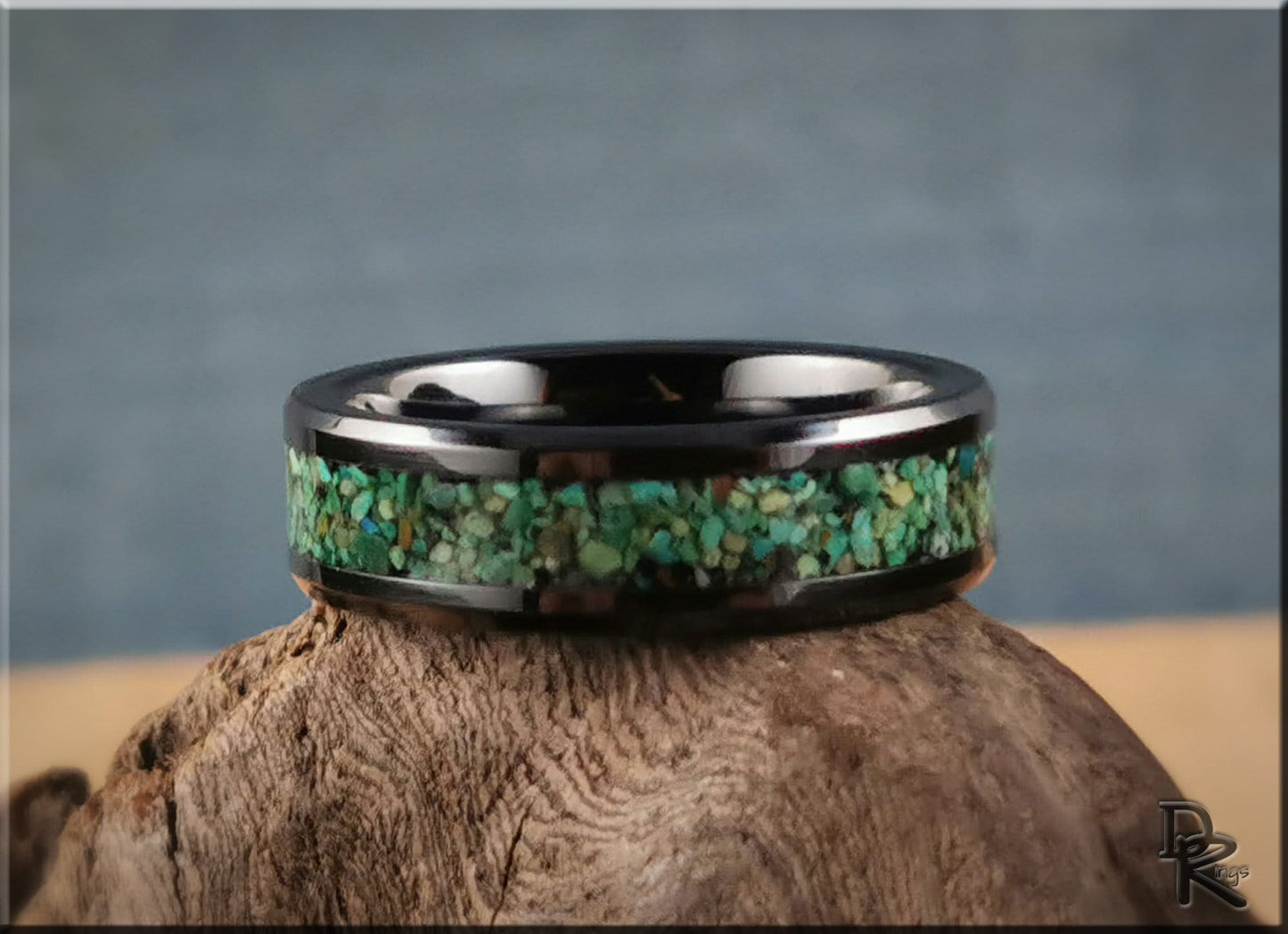 Polished Black Ceramic Channel Ring w/Chrysocolla stone inlay - ceramic ring