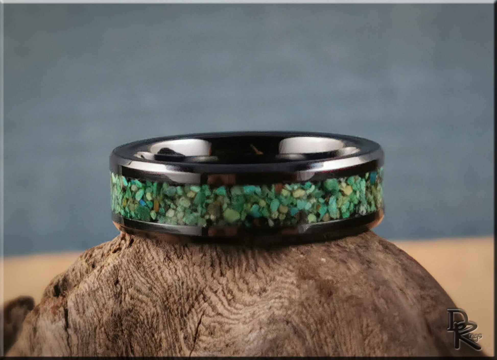 Polished Black Ceramic Channel Ring w/Chrysocolla stone inlay - ceramic ring