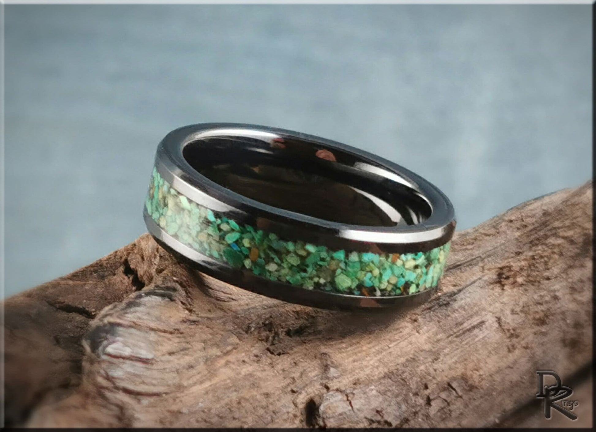 Polished Black Ceramic Channel Ring w/Chrysocolla stone inlay - ceramic ring