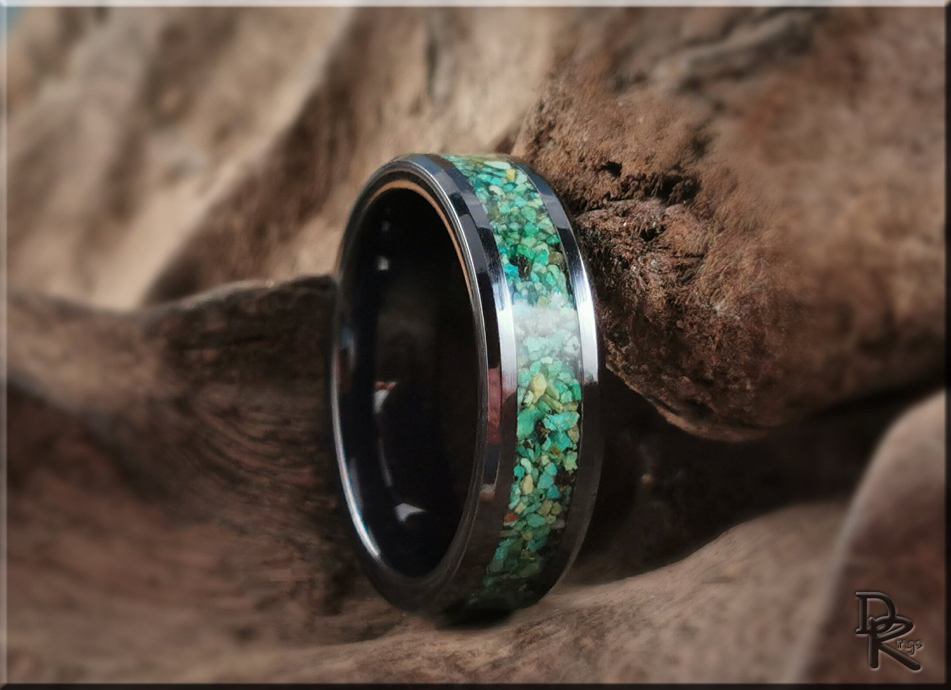 Polished Black Ceramic Channel Ring w/Chrysocolla stone inlay - ceramic ring