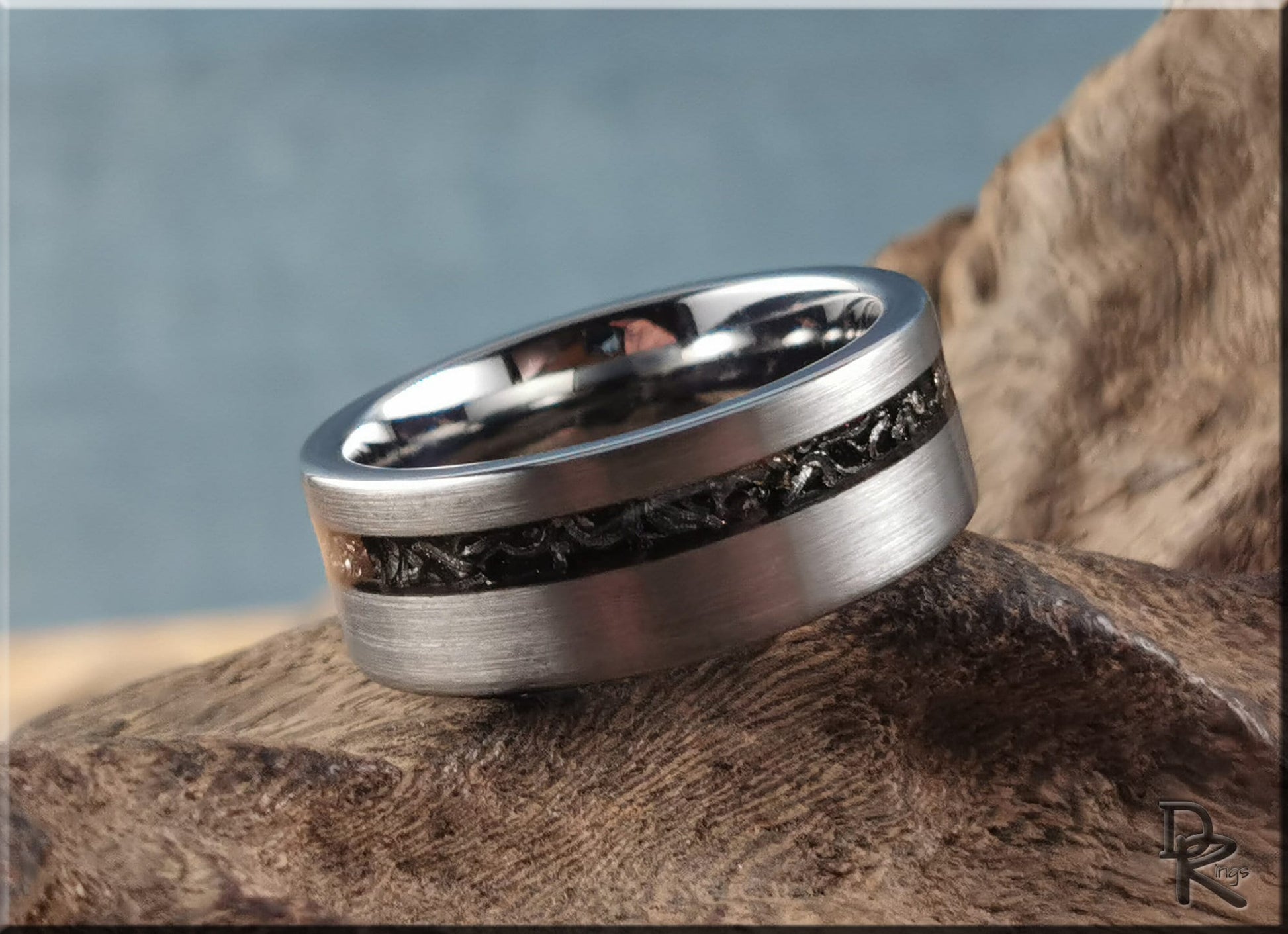 Brushed Tungsten Carbide Channel Ring w/offset Meteorite inlay - metal ring