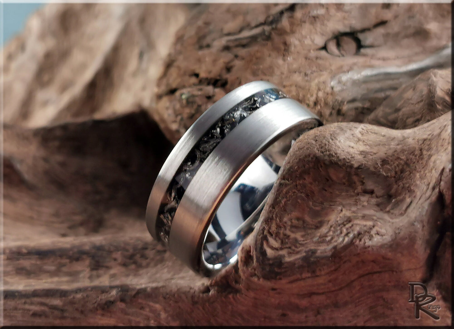 Brushed Tungsten Carbide Channel Ring w/offset Meteorite inlay - metal ring