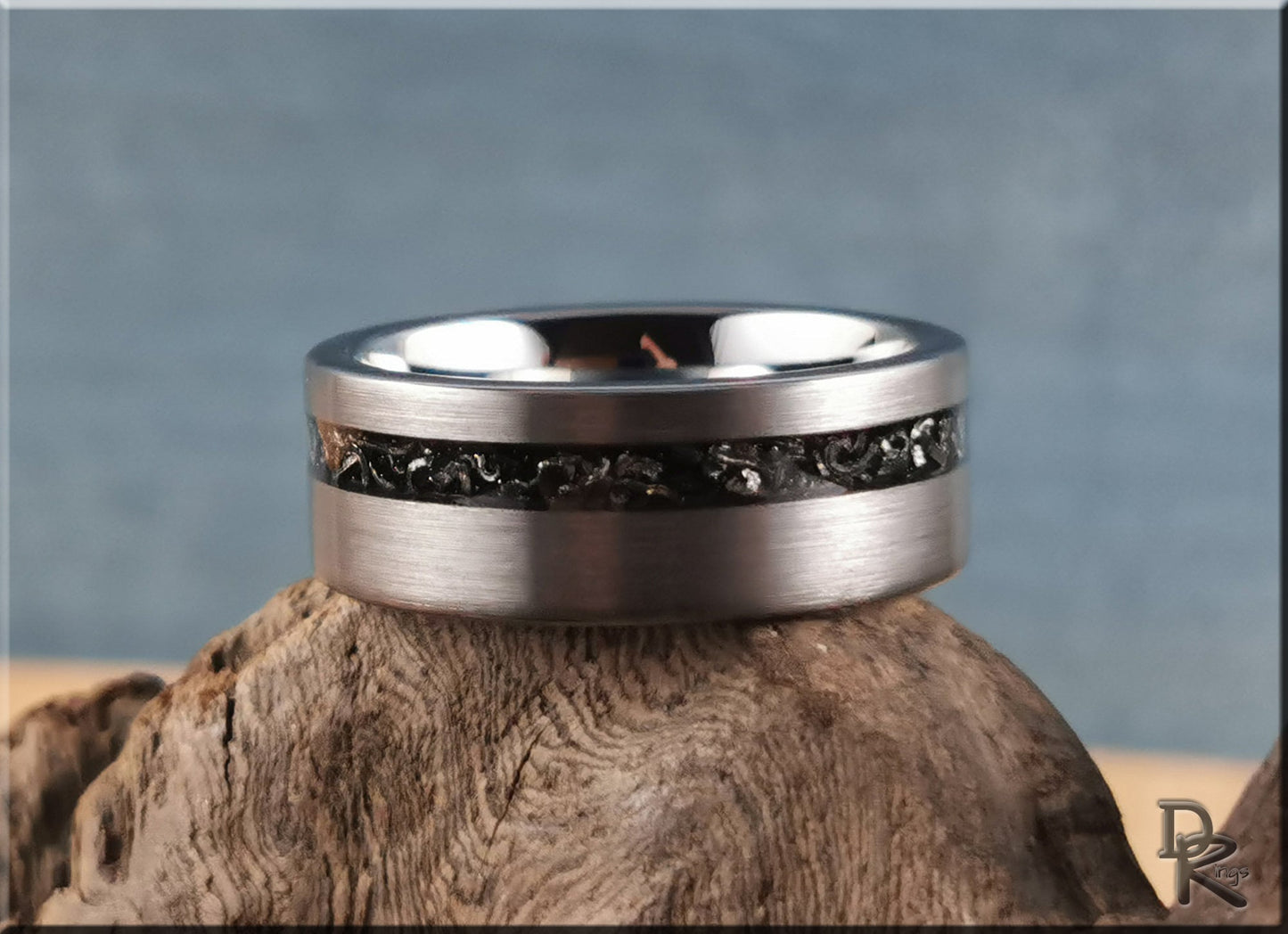 Brushed Tungsten Carbide Channel Ring w/offset Meteorite inlay - metal ring