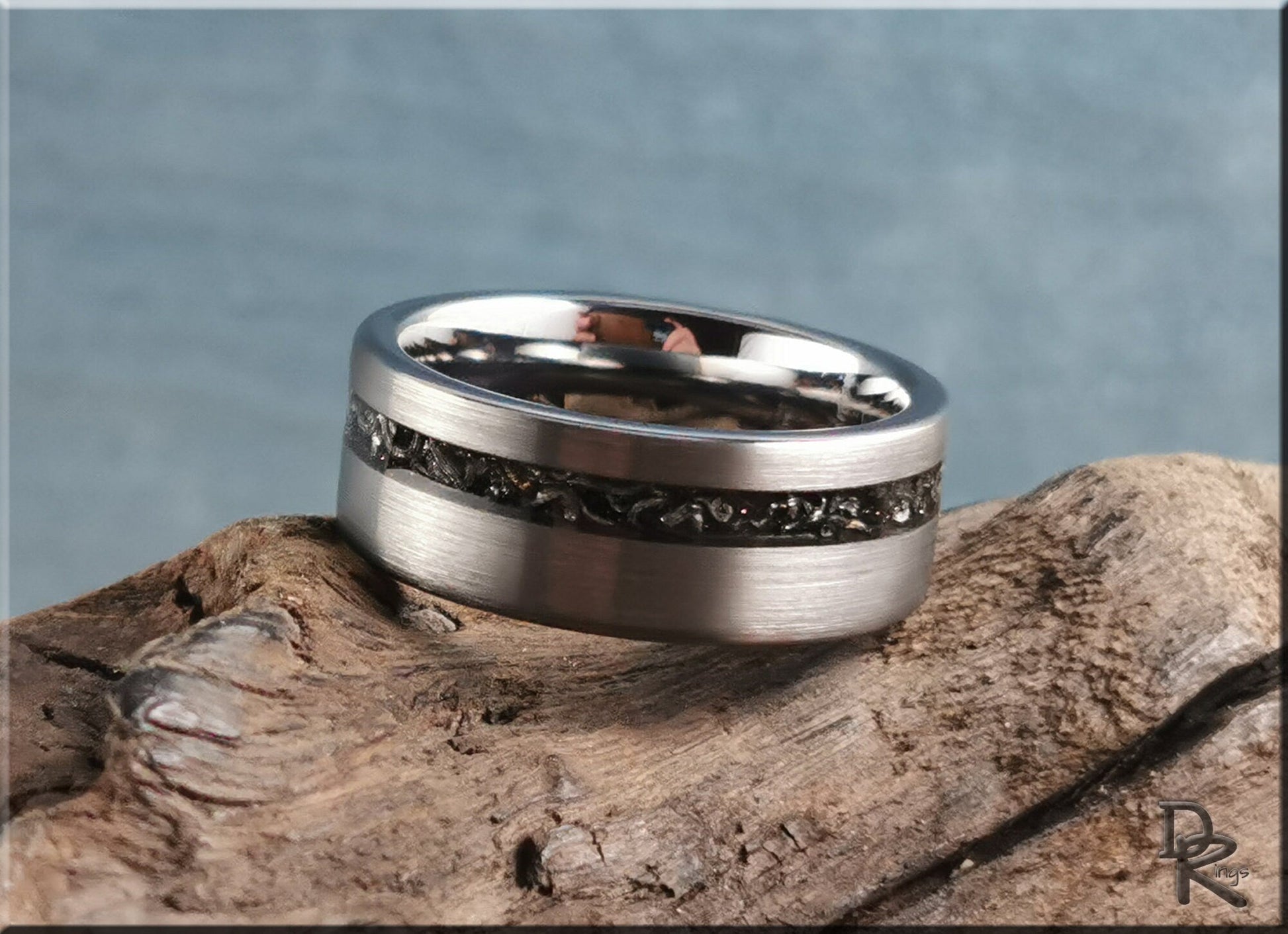 Brushed Tungsten Carbide Channel Ring w/offset Meteorite inlay - metal ring