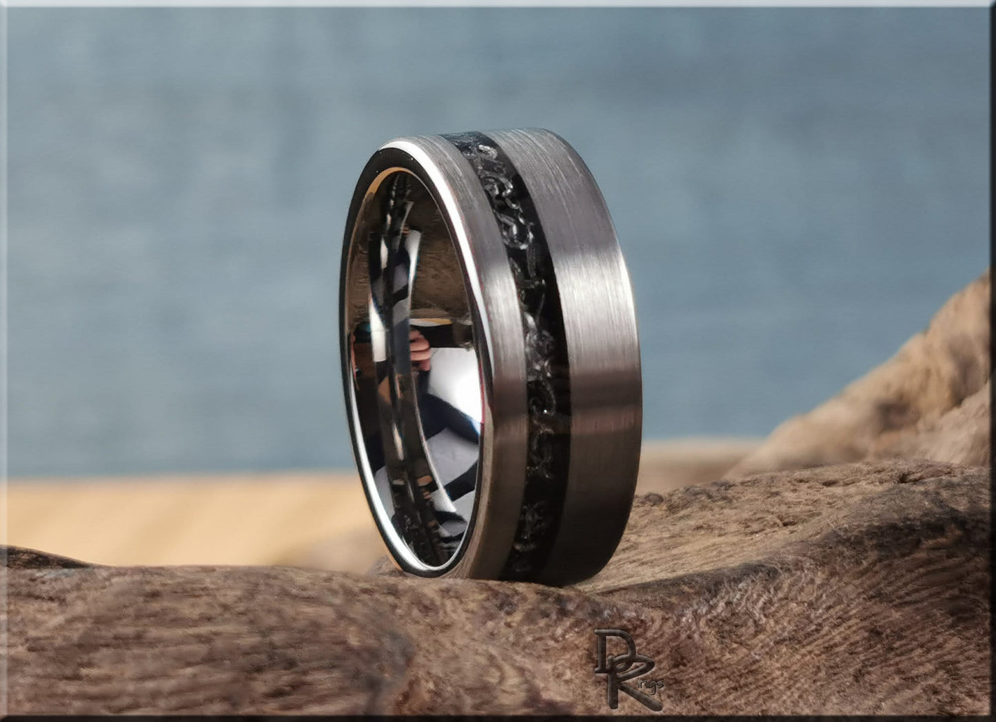 Brushed Tungsten Carbide Channel Ring w/offset Meteorite inlay - metal ring