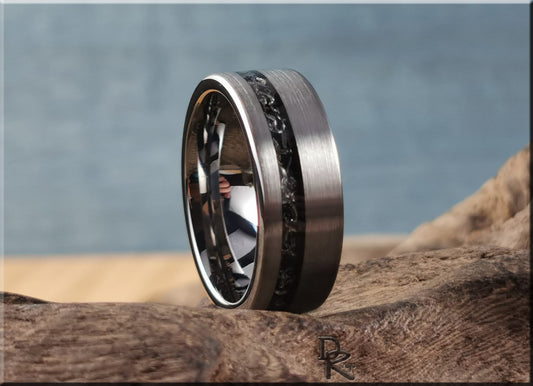 Brushed Tungsten Carbide Channel Ring w/offset Meteorite inlay - metal ring