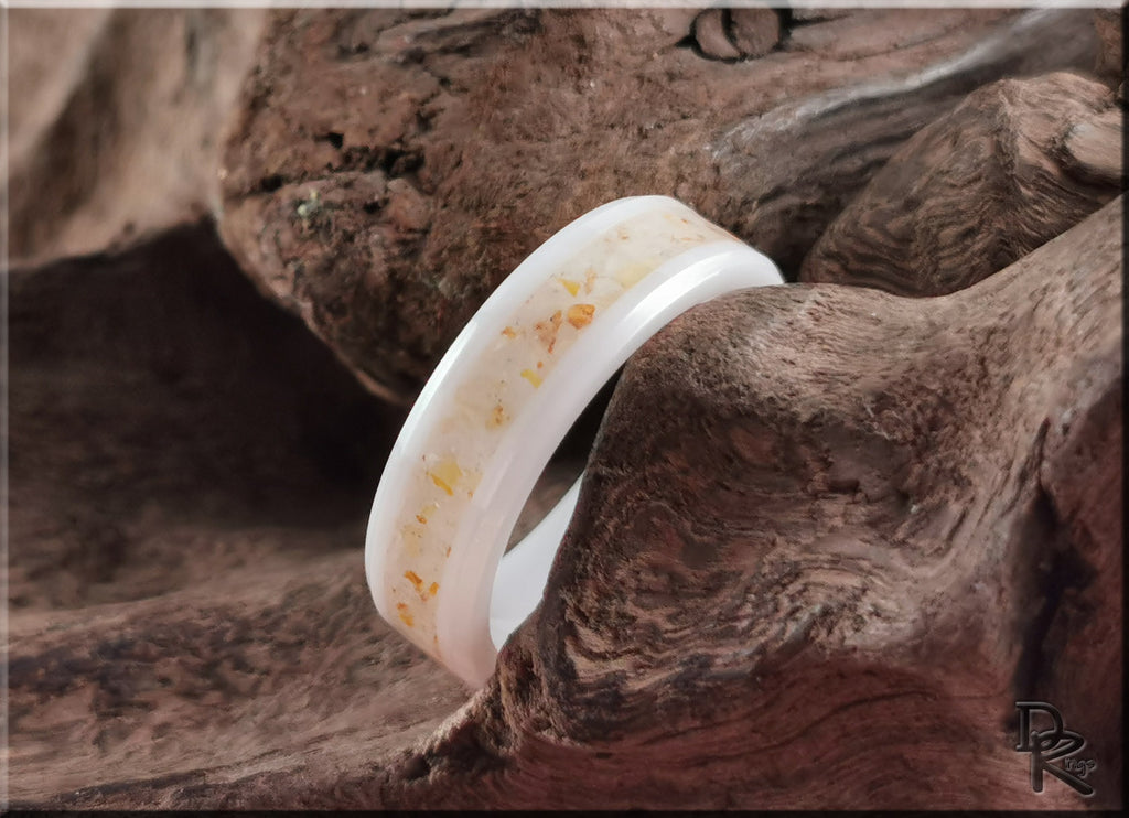 Polished White Ceramic Channel Ring w/Golden Healer Quartz inlay - ceramic ring