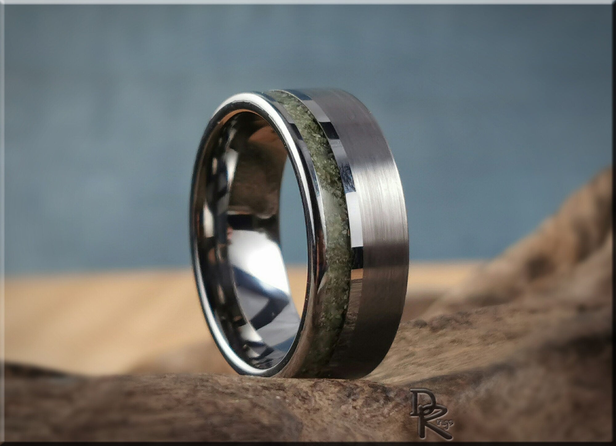 Tungsten Carbide Channel Ring w/offset Nephrite Jade Stone inlay - metal ring