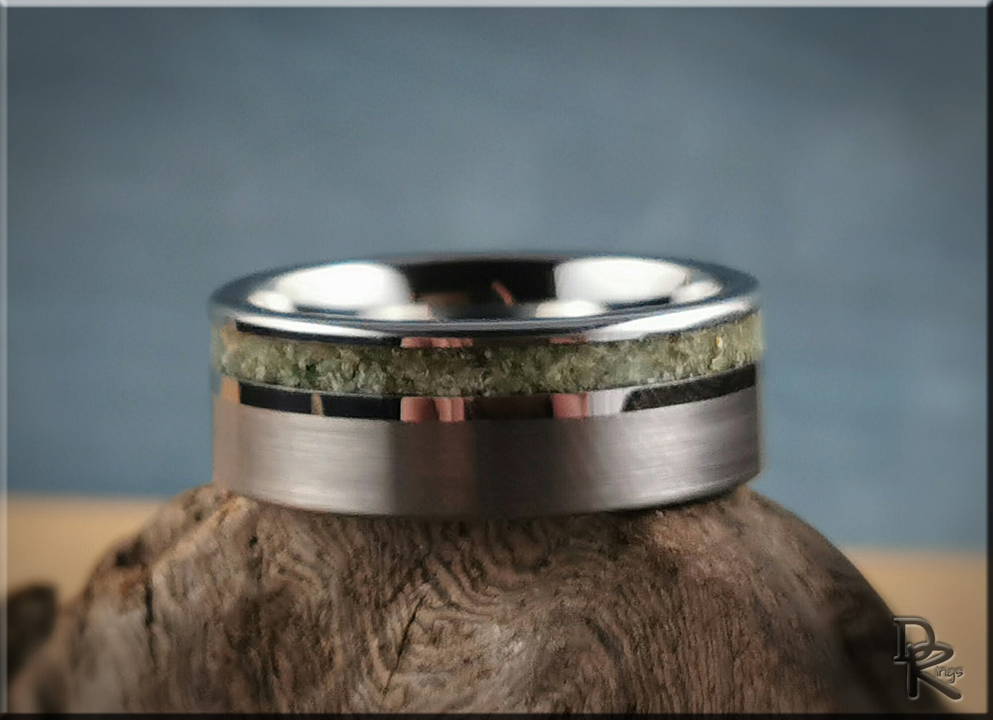 Tungsten Carbide Channel Ring w/offset Nephrite Jade Stone inlay - metal ring