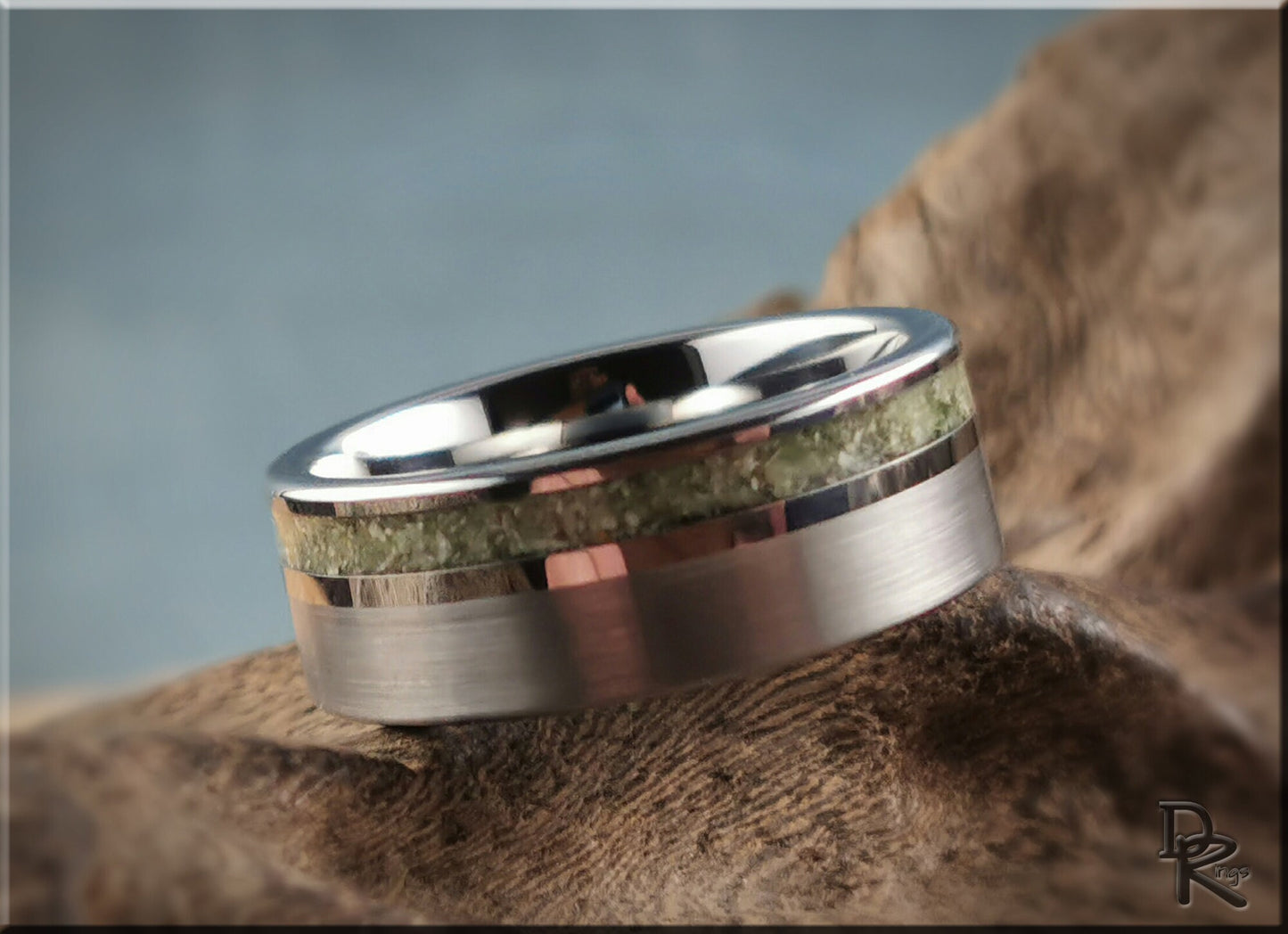 Tungsten Carbide Channel Ring w/offset Nephrite Jade Stone inlay - metal ring