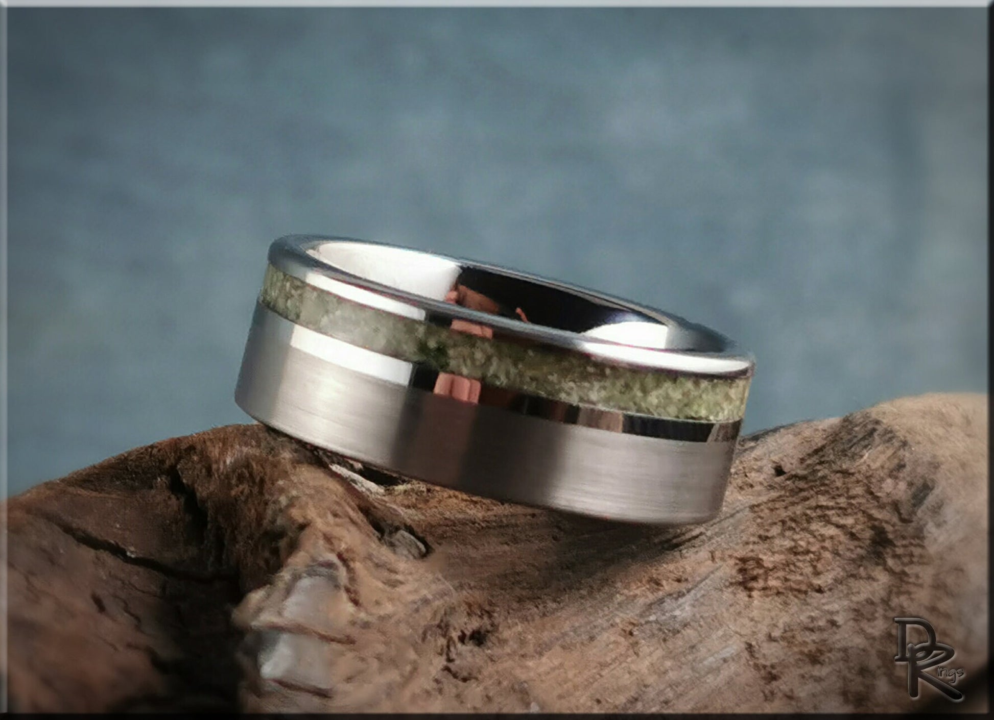 Tungsten Carbide Channel Ring w/offset Nephrite Jade Stone inlay - metal ring