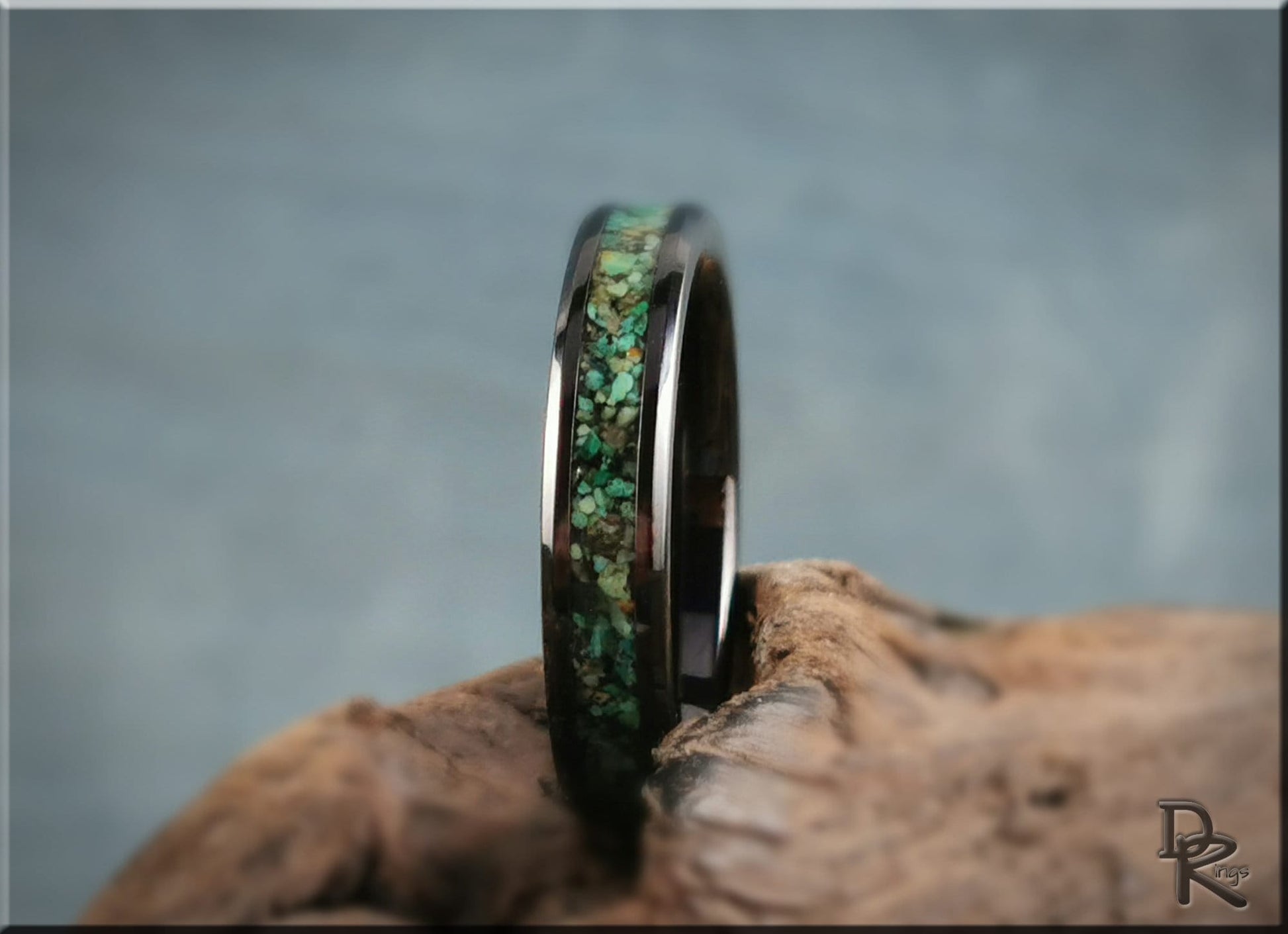 Polished Black Ceramic Channel Ring w/Chrysocolla stone inlay - ceramic ring