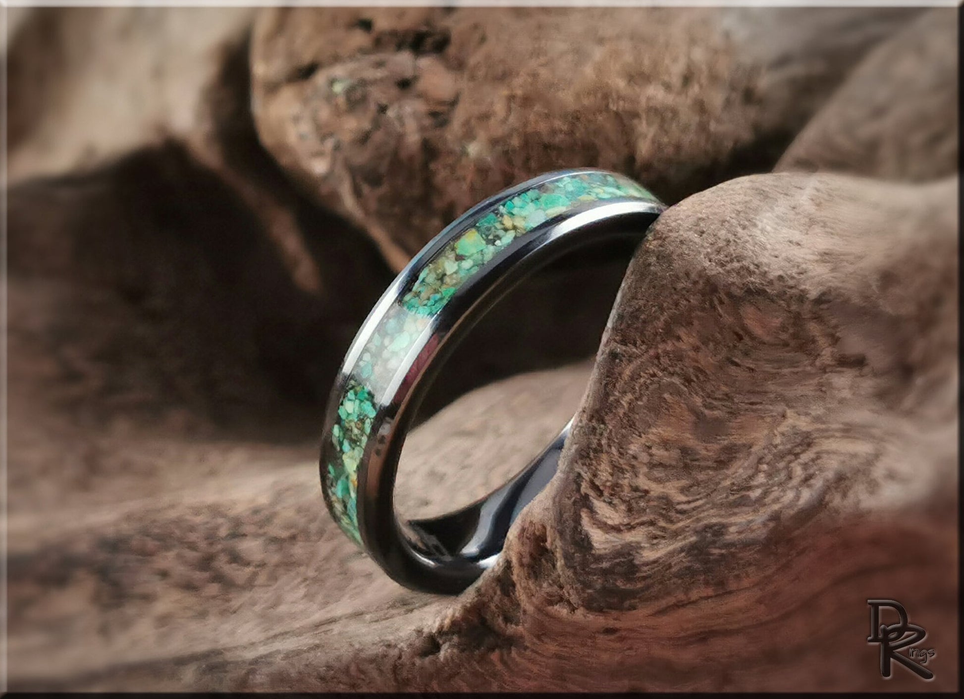 Polished Black Ceramic Channel Ring w/Chrysocolla stone inlay - ceramic ring