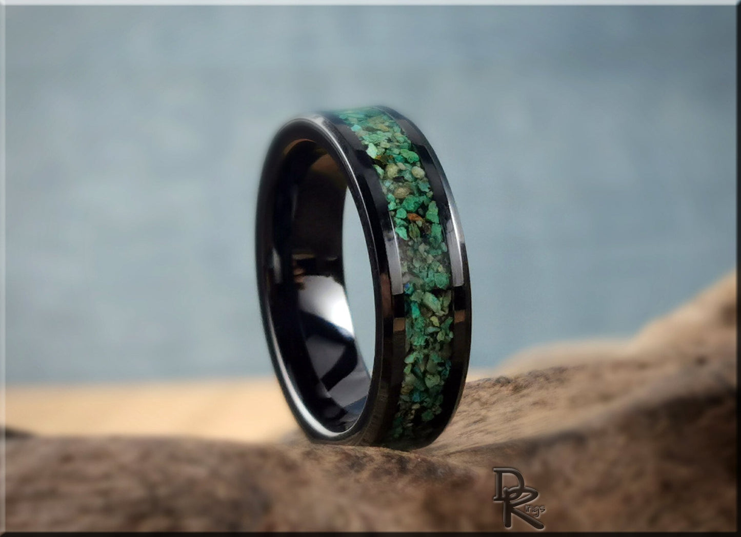 Polished Black Ceramic Channel Ring w/Chrysocolla stone inlay - ceramic ring