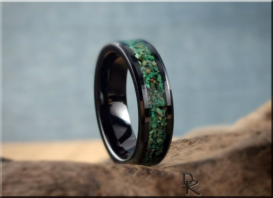 Polished Black Ceramic Channel Ring w/Chrysocolla stone inlay - ceramic ring