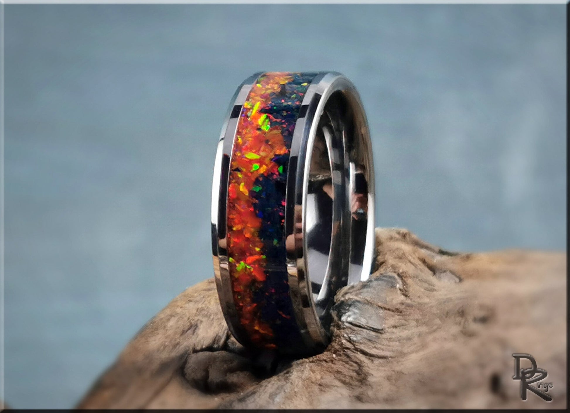 Tungsten Carbide Channel Ring w/Nebula opal inlay - metal ring