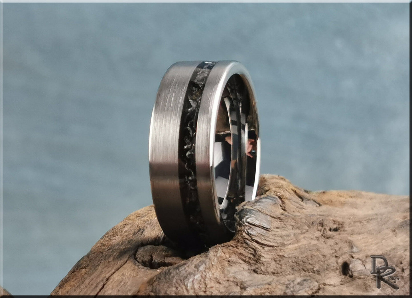 Brushed Tungsten Carbide Channel Ring w/offset Meteorite inlay - metal ring