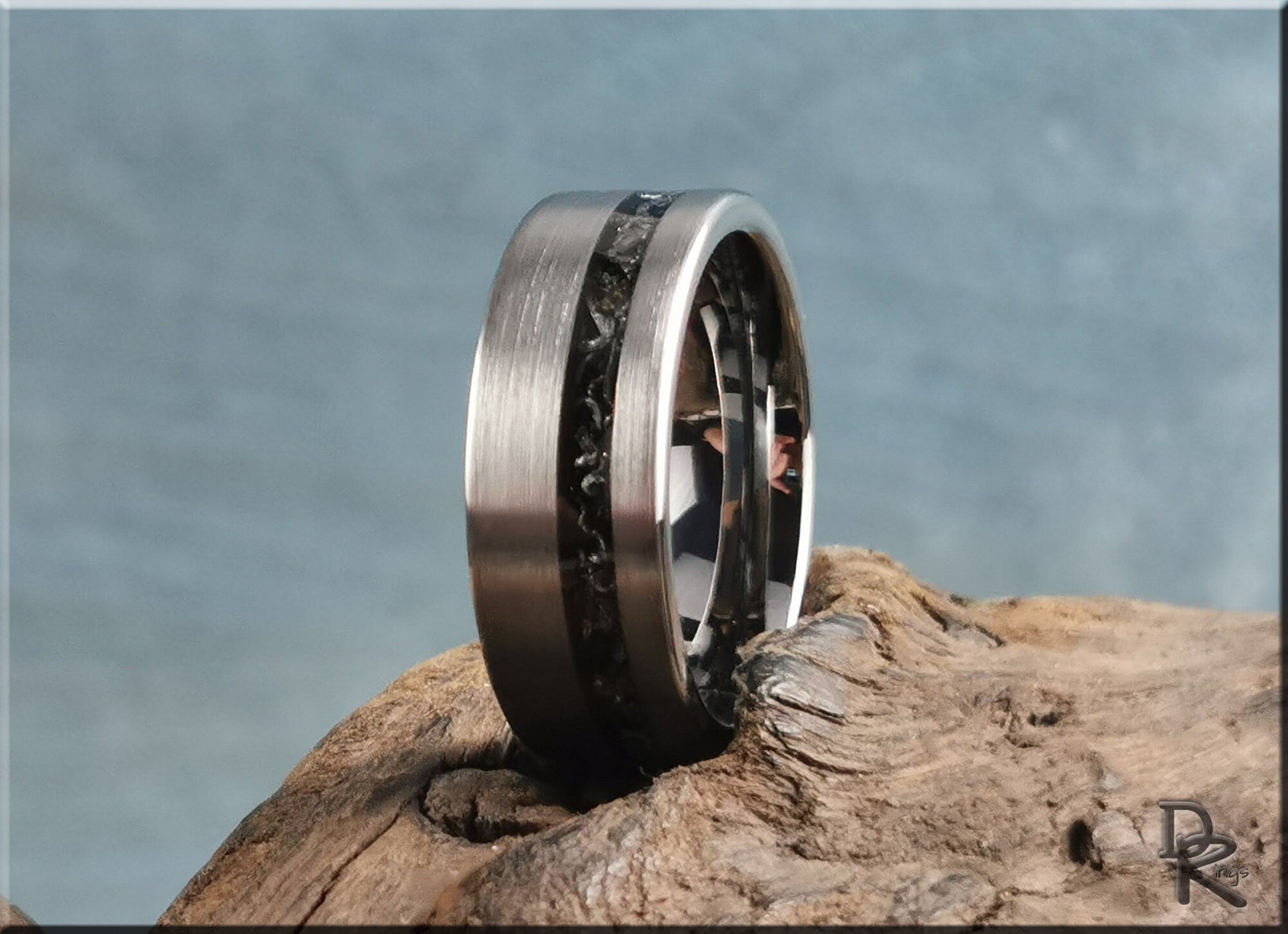 Brushed Tungsten Carbide Channel Ring w/offset Meteorite inlay - metal ring