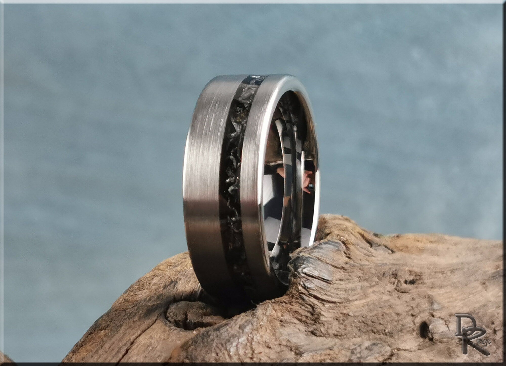 Brushed Tungsten Carbide Channel Ring w/offset Meteorite inlay - metal ring